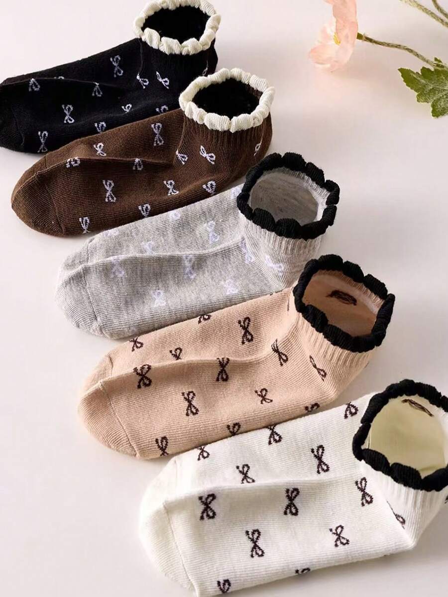 5/10双随机新款蕾丝边短袜，可爱蝴蝶结设计，透气防滑短袜，春夏新品 - 彩色 - 查看 1