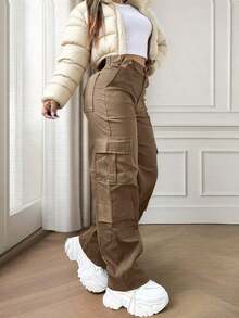 Black Multi-Pocket Buttoned Casual Y2K Leisure Elegant And Cute Lightweight Work Pants. Suitable For Back-To-School, Graduation, Clubs, Birthday Parties, Halloween, New Year, Thanksgiving, Concerts, Gyms, Beaches, Vacations, Business, Daily Airport Wear, Street Style, Teacher's Day, Spring, Summer, Autumn And Winter. - màu nâu - Xem 8