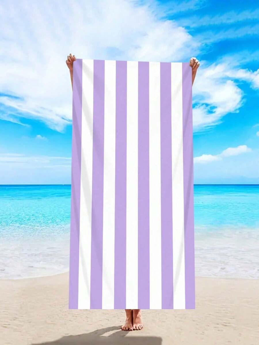 1Pc 29x58 Inch Super Thin Oversized Stripe Beach Towel, Made With Polyester Cotton And Microfiber Bath Towel, Extra Large Accessories Essentials Soft Lightweight For Travel Pool Bath Swim Camping Towels Men Women Adults Gift - 紫色 - 查看 1