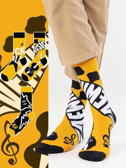 1/3 Pair Men's Black & Yellow Guitar Letter & Music Note Artistic Design Combed Cotton Breathable Crew Socks, Suitable For Travel, Home, Office, Holiday Gifts