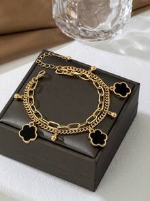 1件夏季度假优雅黑色金属花朵和三叶草多层脚链，适合度假、派对、约会、送礼、日常佩戴（不含礼盒） - 黑色 - 查看 2