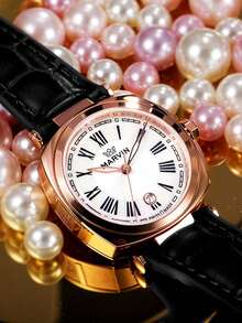 Women's High-Quality Swiss Quartz Analog Three-Hand Date Quartz Watch, Mother-Of-Pearl Dial, Leather Strap - Black - View 8