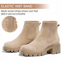 Women's Comfy Chelsea Ankle Boots - Mid Chunky Heel, Elastic, Lug Sole, Size 6-11 - 卡其色 - 查看 3