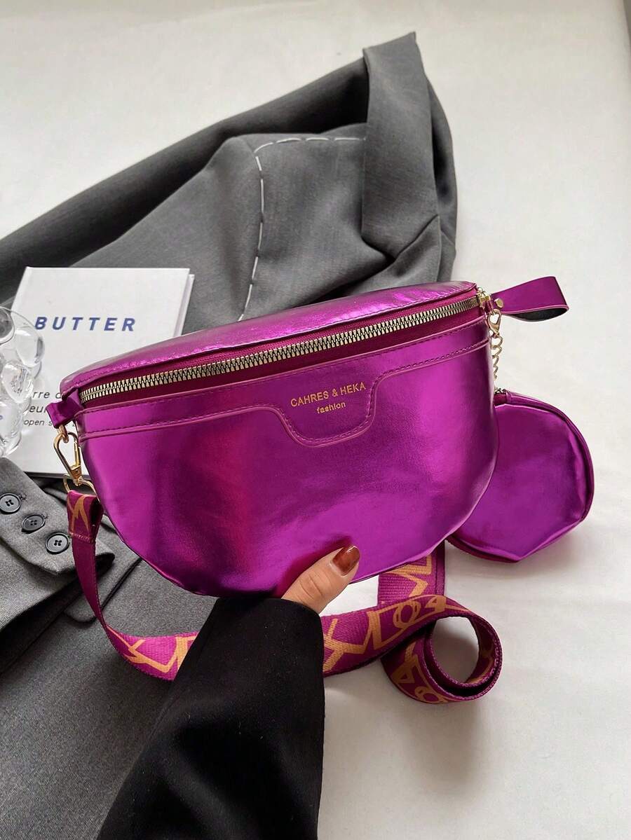 Set de 2 piezas de bolso de cintura con monedero, tela de PU, ligero, bolso pequeño versátil con patrón de moda - Rosa Fucsia - Ver 1
