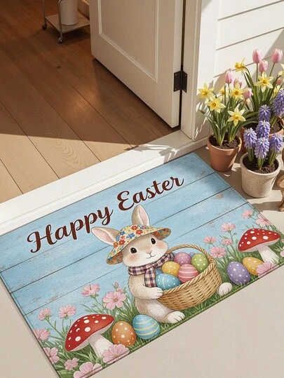 1件装复活节快乐门垫，厨房地毯，走廊地毯，多色兔子图案迎宾垫，适用于浴室、厨房、户外、室内、走廊、卧室、客厅，可机洗，易于清洁，底部防滑，适合卧室冬季装饰、情人节节日装饰、浴室必备配件、房间装饰套装、户外装饰地毯