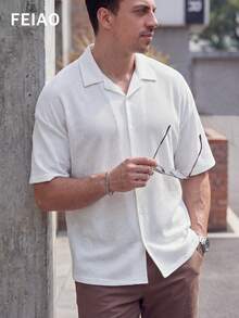 男士复古经典纯色华夫格衬衫，散发着老钱气质，时尚休闲百搭，适合所有季节：休闲、度假、通勤。 - 杏色 - 查看 7