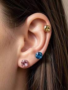 6pcs Multi-Color Faux Crystal Stud Earrings, Y2K Shiny Minimalist Elegant Personalized Sweet Fashion Versatile Earrings For Daily, Casual, Party, Vacation, Nightclub Wear - Multicolor - View 1