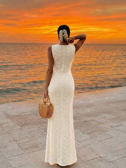 Women's Vintage Elegant Romantic Solid Color Beach Vacation Bohemian Round Neck Sleeveless Sexy Hollow Out Crochet Coverup Dress, Beige