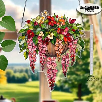 2D平面彩色亚克力花卉窗挂装饰，粉色、红色、橙色、绿色等彩色花朵 - 适用于家居装饰、花园装饰、生日礼物、浪漫悬挂花篮