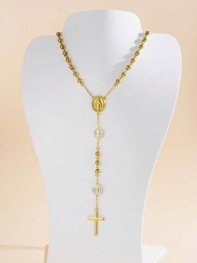 1 pieza Collar con colgante de cruz en forma de Y de 6 mm de oro estilo rosario de María, collar con colgante de cruz minimalista de moda europea y americana, adecuado para uso diario de parejas