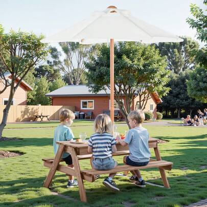 Kids Picnic Table With Umbrella, 3-In-1 Sand & Water Table, Outdoor Wooden Table And Bench Set With 2 Trays, 4-People Patio Dining Furniture For Garden, Backyard And Porch (Walnut)