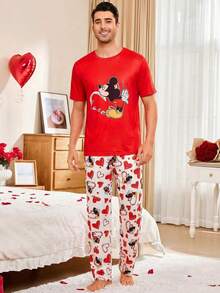 Disney Bộ đồ ngủ nam 2 món cho ngày Valentine, đồ ngủ tay ngắn và quần dài mềm mại, đồ mặc nhà thoải mái. - Đỏ - Xem 6