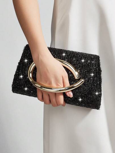 REMANLAND Luxurious And Sparkling Glitter Clutch With Curved Metal Trim, Featuring A Full Sequin Finish, Bold Ring-Shaped Metal Detail And Minimalist Envelope Flap. A Sophisticated Choice For Dinner Parties, Glamorous Galas And Balls. It Is The Best Gift For Women