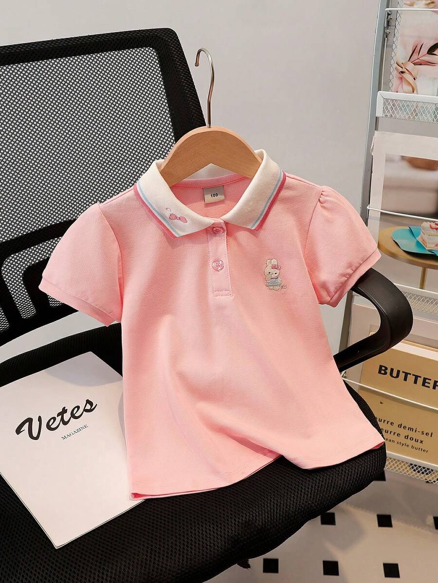 少女可愛兔子刺繡 Polo 衫 - 粉色 - 查看 1