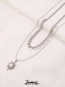 1pc Fashion Vintage Stainless Steel Necklace For Women Pearl Sun Charm Round DoubleLayer Necklace Jewelry For Daily Decoration - necklace - View 5