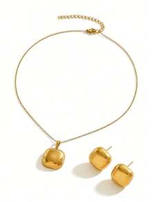 VceTd 1 Set Minimalist Geometric Cube Pendant Necklace And Earrings Jewelry Set, Metal Cube Pendant Jewelry, Exquisite Jewelry, Elegant Personalized Design, Suitable For Daily Wear, Festivals, Valentine's Day, Family Occasions - Yellow Gold - View 8