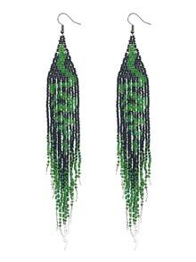 AHAYA Handmade Woven Glass Beaded Snake Pattern Earrings With Long Tassel, Bohemian Inspired Design, Creative Bead Jewelry, Versatile For Halloween, Carnival, Daily Wear - Green - View 8