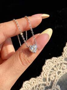 1pc Elegant Geometric Single Zirconia Pendant Necklace, 925 Sterling Silver Luxury Choker Necklace, Daily Wear & Gift For Women - Style 1 - View 1