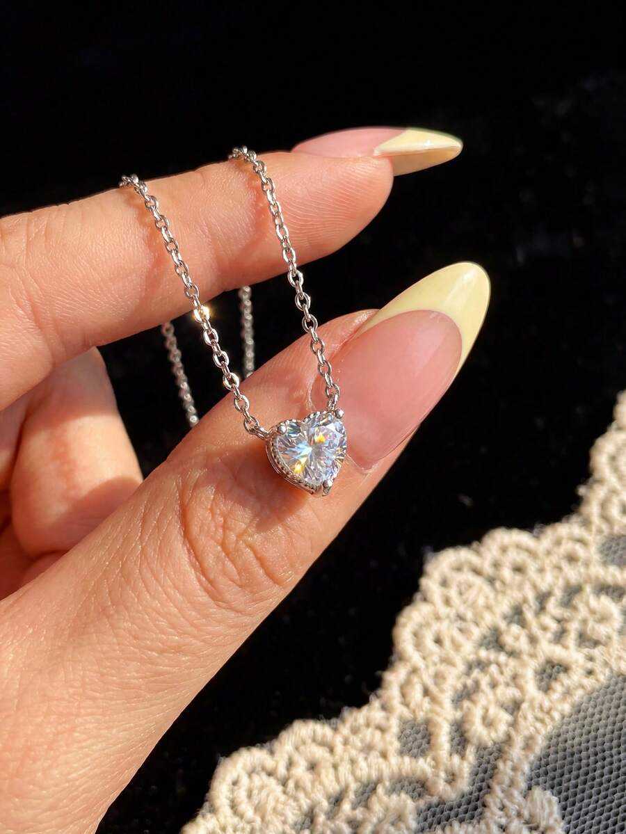 1pc Elegant Geometric Single Zirconia Pendant Necklace, 925 Sterling Silver Luxury Choker Necklace, Daily Wear & Gift For Women - Style 1 - View 1