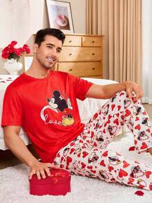 Disney Bộ đồ ngủ nam 2 món cho ngày Valentine, đồ ngủ tay ngắn và quần dài mềm mại, đồ mặc nhà thoải mái. - Đỏ - Xem 5