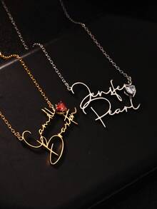 1pc Customized Couple Name Necklace, Gold Plated Personalized Heart-Shaped Birthstone Stainless Steel Necklace, Valentine's Day Gift - Multicolor - View 10