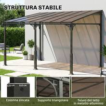 Outsunny Pergola Addossata 4x3m con Tetto in Policarbonato, Gazebo Pergolato da Giardino in Metallo e Alluminio con Viti, per Esterno, Terrazza e Patio, Protezione UV, Marrone - Castano - Visualizzare 8
