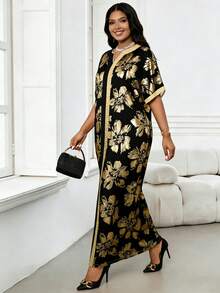 Vestido holgado con estampado floral y cuello con muesca para mujer de talla grande, adecuado para diversas ocasiones como fiestas, graduaciones, eventos de regreso a la escuela, citas y uso diario - Multicolor - Ver 4