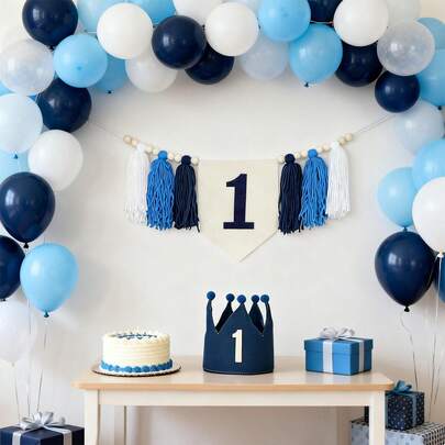 Navy Blue & White Tassel Floral Wreath, Blue 1st Birthday Party Hat, Blue 1st Birthday High Chair Banner, Boho Tassel Banner, 1st Birthday Party Decor, Birthday Party Headpiece, Birthday Party Photo Backdrop Decor