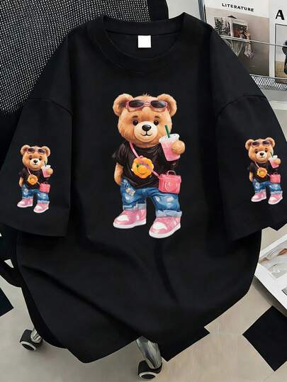 卡通熊印花圆领女士休闲T恤，大码女士夏季时尚短袖熊印花T恤，适合情人节、母亲节礼物，适合日常穿着、郊游、野餐、节日、海滩、派对、生日、聚会、舞会、学校、音乐节、度假、通勤、健身、婚礼、新年、春季上衣、女士夏季服装、女士节日服装，黑色