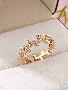 Anillo de moda para mujer, anillo con forma de hoja con rhinestones, adecuado para uso diario y como regalo - Amarillo Oro - Ver 4