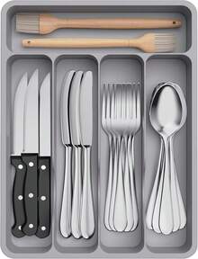 Lifewit Organizador de Cubiertos, Bandeja Cubiertos Cajon Cubertero para Cajón para Menaje, Cocina Organizador de Cubertería Compacto para Cucharas Tenedores, 5 Compartimentos, Negro - Gris - Ver 10