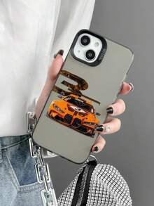 Supercar Speed Theme Phone Case For Men, 1pc Orange Racing Car & "3" Digit Print PC Hard Bottom Transparent Soft Frame High-End Durable Full Coverage Hard Phone Case, Compatible With IPhone & Galaxy - Black - View 5