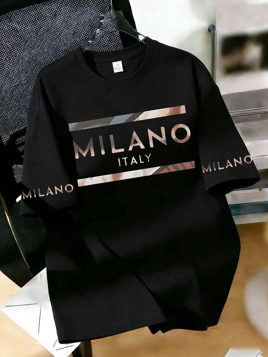 米兰字母印花图案女式T恤，柔软舒适，春夏日常休闲装 - 黑色 - 查看 1