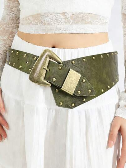 1pc Boho Western Style Olive Green Women's PU Waist Belt, Vintage Asymmetrical Bronze Buckle Waist Belt, Rivet Belt, Y2K Belts, Western Belt For Women, Chunky Belt, Rodeo, Suitable For Dresses, Casual Wear, Western Accessories, Suitable For Party, Casual Outing, Vacation, Date, Shopping, Holiday Gift, Campus, Street, Beach, Summer