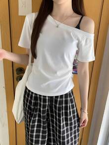 白色性感修身不对称肩短袖T恤，女士夏季新款露脐休闲上衣 - 白色 - 查看 8