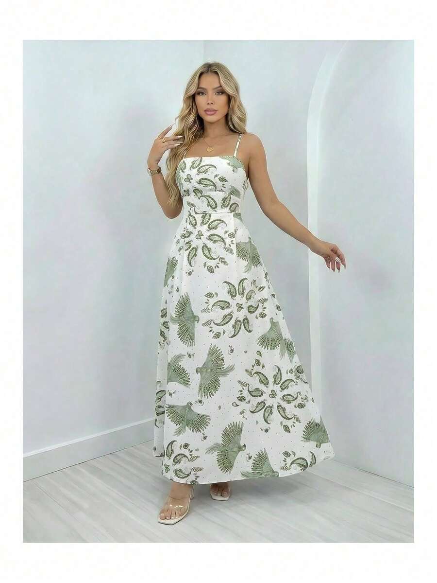 Women's Long Dress With Leaf Print, Crossed Straps, Casual, Summer, Tropical - 綠色 - 查看 1