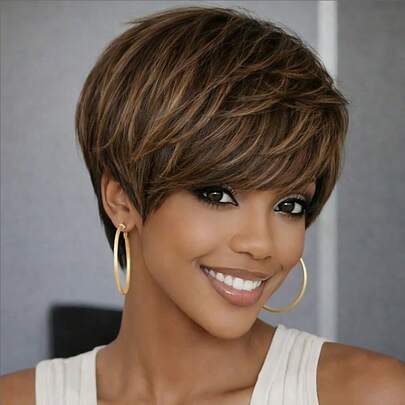 6英寸巴西人发假发，带刘海 - 短款层次直发波波头，机织，玫瑰网，150%密度，适合所有浅米色调和时间，适合日常、派对和节日佩戴，4/27#挑染