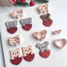 动物及心形系列聚合物粘土切割模具，包括大象、猫、老鼠、熊、狐狸、猪等造型，适合初学者制作手工聚合物粘土耳环和陶瓷工艺品。 - 杏色 - 查看 5