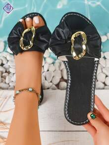 Women's Fashion Spring/Summer New Black Satin Bow Metal Chain Flat Sandals, Luxurious Yet Personalized, Soft And Comfortable Retro-Modern Attention-Grabbing Slip-On Sandals Suitable For Summer Beach, Commute, Outing, Music Festival, Vacation, Party And More Occasions - Black - View 1