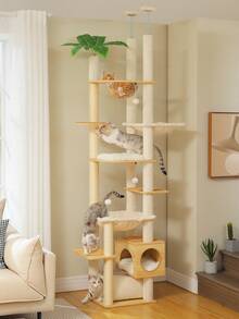PAWZ Road 93.3''-100.8'' Floor To Ceiling Cat Tree  Height Adjustable Wooden Cat Tower Tall Climbing Play House With Scratching Posts, Cozy Condo, Perches And Large Hammock For Indoor Cats Beige - 米色 - 查看 2