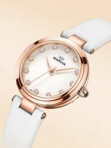 Marvin Đồng hồ nữ thời trang Thụy Sĩ, máy quartz, vỏ thép không gỉ, đính 12 viên kim cương, mặt số khảm xà cừ, kính sapphire. - trắng - Xem 3