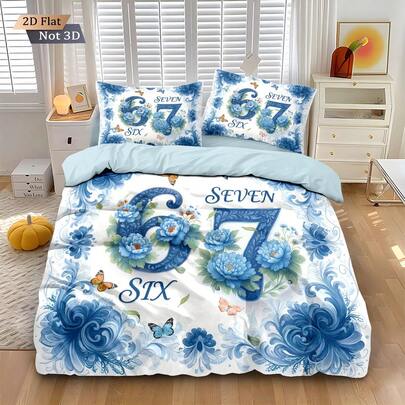3pcs Set Floral & Number Six Seven Printed Duvet Cover Set, Including 1 Duvet Cover & 2 Pillowcases, Soft & Comfortable Bedding, Polyester, Suitable For Home Decor, Gifts For Boys, Girls, Teens, All Seasons