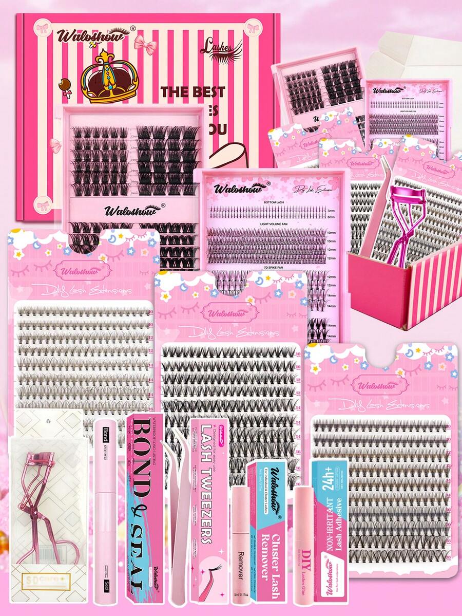 760pcs, D Curl, C Curl, Lash Clusters Lash Extension Kit DIY Lash Clusters Eyelash Extension Kit, 9-16mm 30D 40D Individual Lashes Kit With Lash Bond And Seal, Lash Tweezers, Brush, Remove For Self Use (9-16mm, Kit) - màu đen - Xem 1