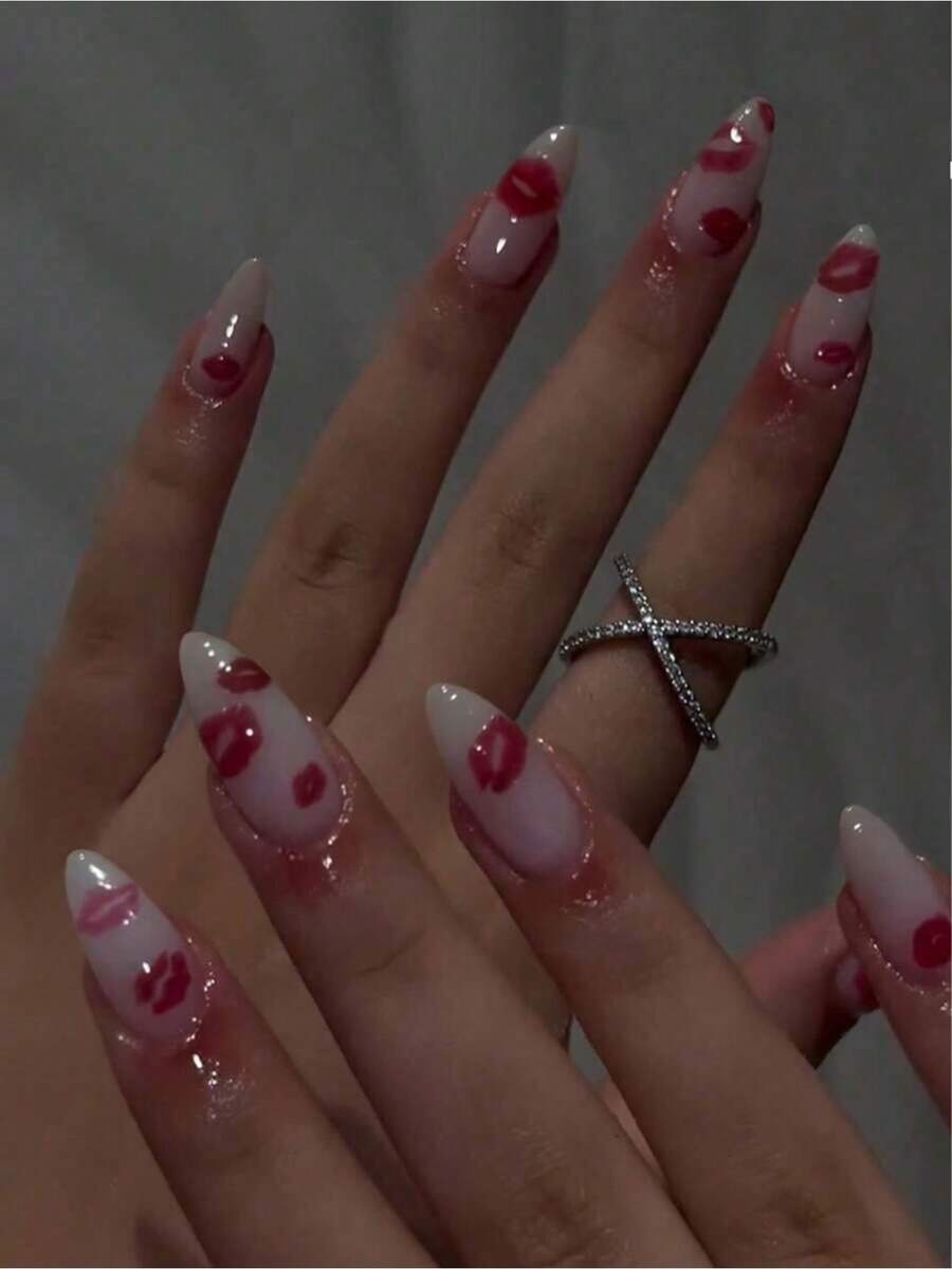 24pcs Almond-Shaped Red French Tip Press-On Nails Almond Perfectly Fits Acrylic Nail Tips Set Includes: 1pc Jelly Gel And 1pc Nail File Easy To Wear French Manicure And Valentine's Day Nail Design Suitable For Women's Daily Work And Parties. Nail Supplies - 多色的 - 查看 1