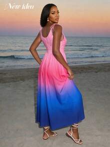 Abito midi da donna elegante con spaghetti e sfumature di rosa e blu, scollo a V in vita alta con design a campana, ideale per l'estate, adatto per vacanze al mare e feste - Multicolore - Visualizzare 2