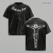 Faith Over Fear T-Shirt Washed Christian Graphic Tee Oversized Cotton Streetwear Summer Clothing Gymwear Faith-Based Shirt Aesthetic Menswear Gift For Believers Bible Verse Church Outfit - màu đen - Xem 2