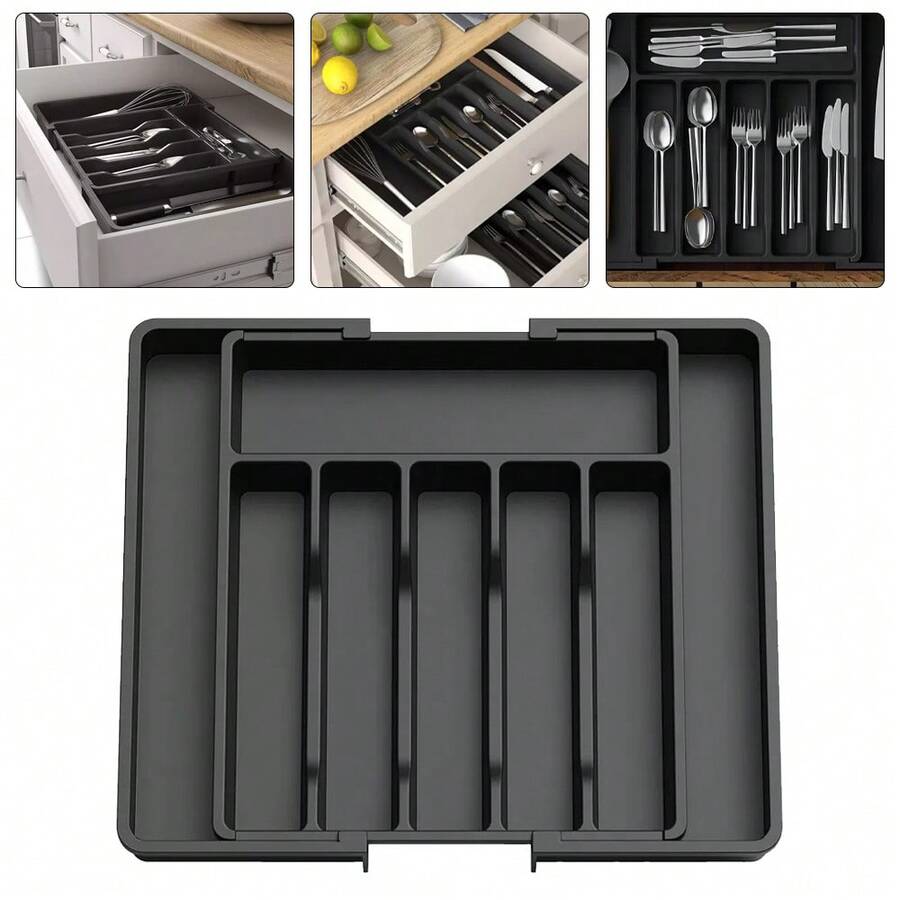Extendable Kitchen Drawer Cutlery Organiser 33-57CM Expandable Utensil Tray With 8 Compartments Adjustable Silverware Flatware Holder Compact Plastic Storage Insert For Spoons Forks Knives