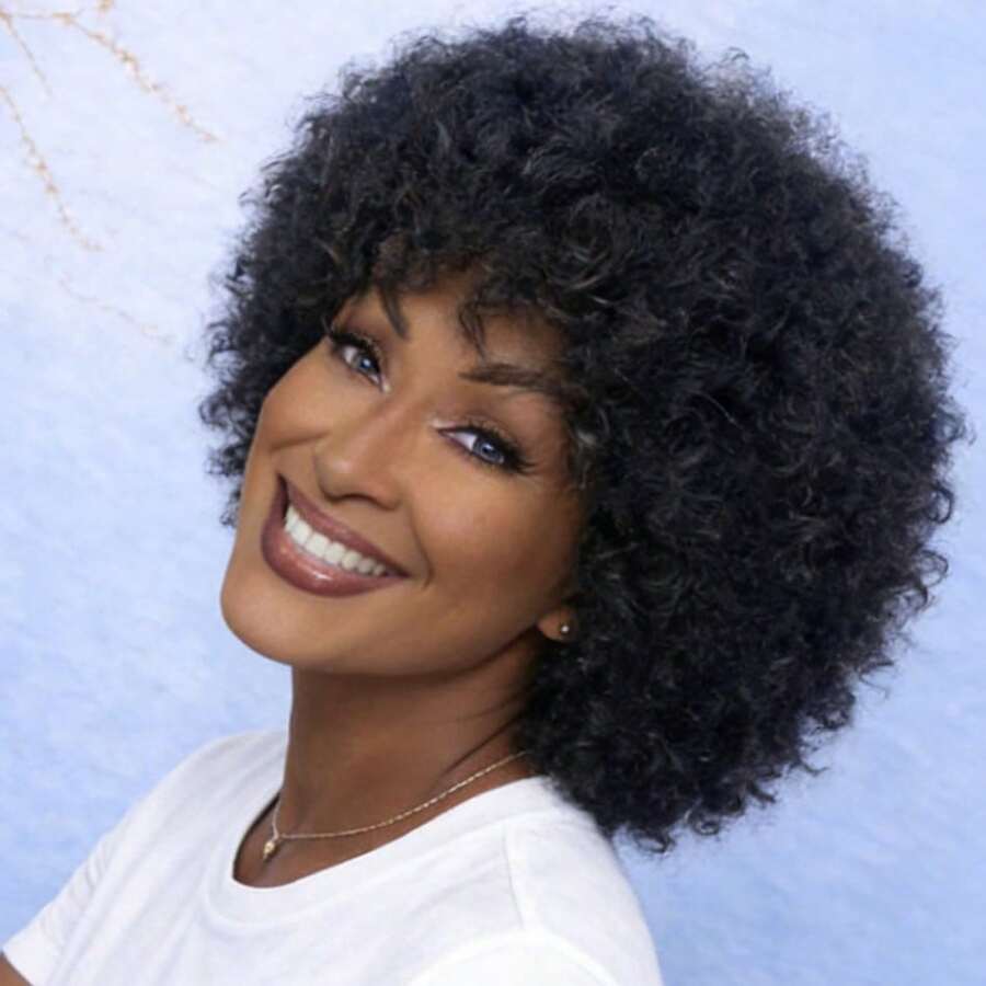 150% Density Black Glue-Free Curly Short Bob Wig, Women's African Fluffy Curly Short Hair Wig With Bangs, Suitable For Holiday Parties And Daily Wear
