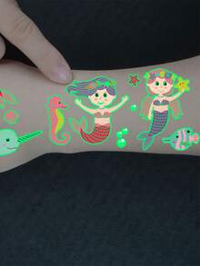 12Pcs Glow-In-The-Dark Luminous Tattoo Stickers From The Mermaid Series, Shining In The Dark, Featuring 130 Cartoon Mermaids And Underwater Creatures, Artistic Waterproof Fun Temporary Tattoos, Perfect Birthday Party Gift - Multicolor - View 6