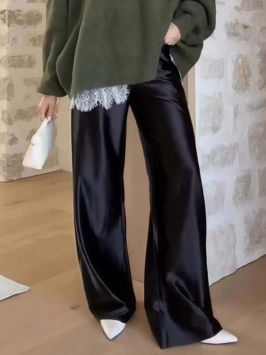 Women Satin Silk Wide Leg Pants Casual Elastic High Waist Solid Color Loose Fit Lounge Pants Office Ladies Work Trousers Daily Sleep Pants Y2K Streetwear - màu đen - Xem 1